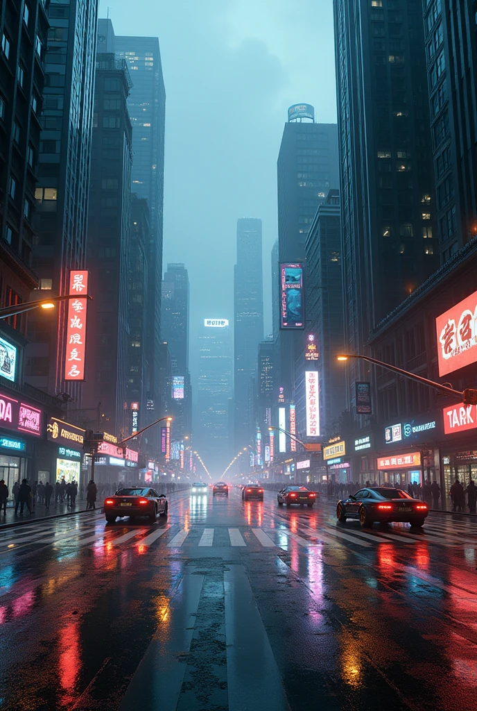 Photographic grade，Movie quality，Game CG wallpaper，A Hong Kong Cyber City in the Rain，Street Intersection，No text appears