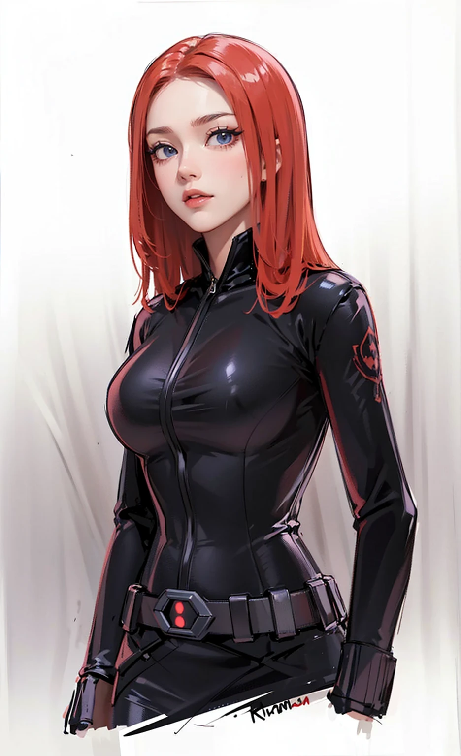 The image depicts Black Widow. She is illustrated with bright red, shoulder-length hair and blue eyes, and is clad in a sleek skin-tight shiny black latex bodysuit with a black silver zipper running down the front. The suit is complemented by her shiny iron wrist guard on both wrists and a metal belt with a buckle that features a red hourglass mark. Her gaze is intent and directed off-screen, implying alertness and focus on an unseen threat or target. She appears with a cute smile on her face. The atmosphere of the image conveys confidence and resilience, characteristics synonymous with the Black Widow persona. The background of the image is an off-white color, which creates a subdued and timeless ambiance.