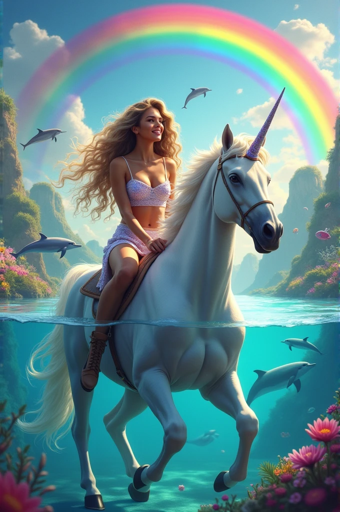 Shakira on a unicorn with dolphins in the background, flying fish, rainbow, colorful