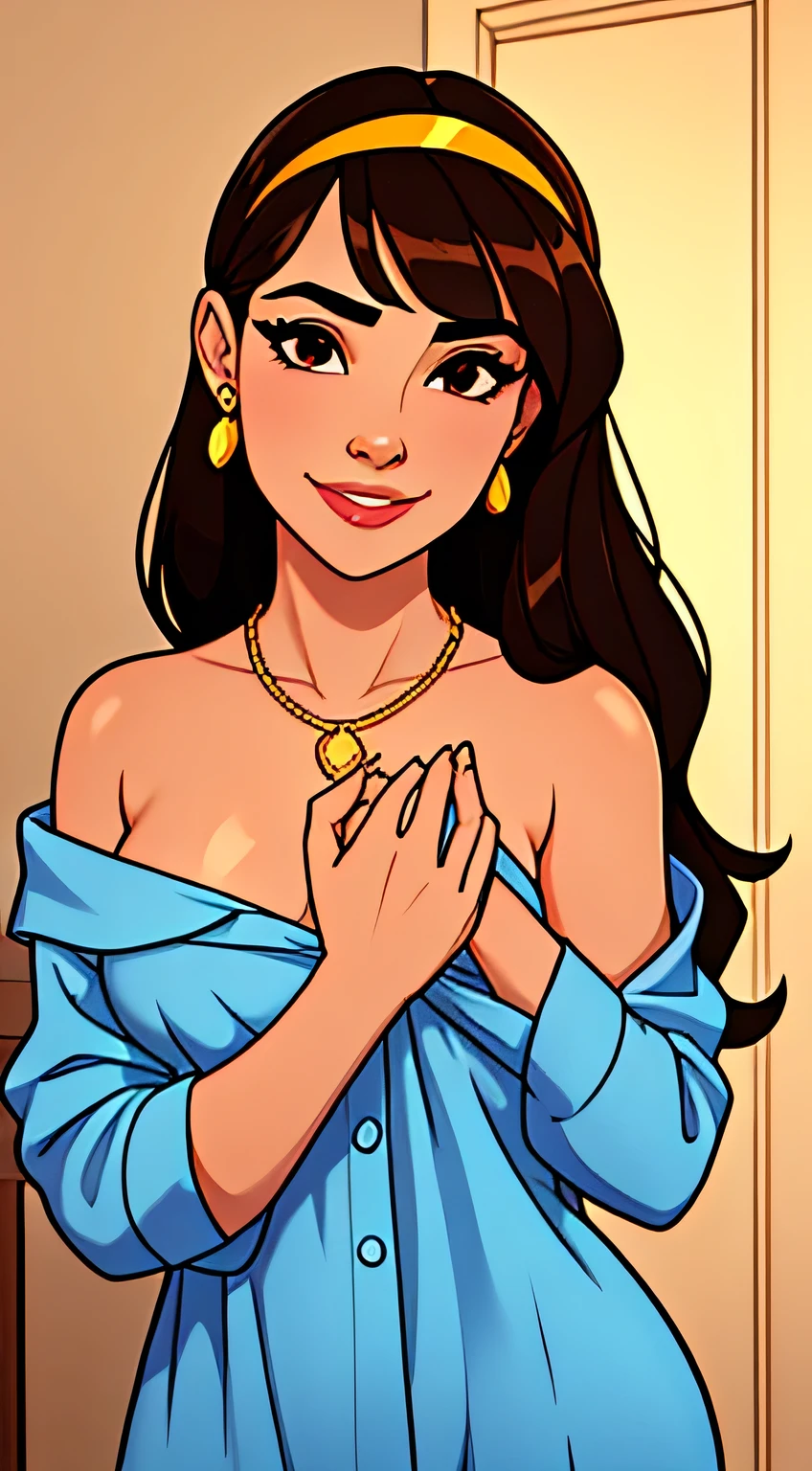 Amazing portrait of the upper body of a young woman who is 20 years old with a beautiful and highly detailed face and skin texture with fine brown eyes with double eyelid and thin eyebrows and glitter eyeliner with natural cheeks and shiny skin wearing pajamas paired with a sparkly necklace and earrings with glossy lips parted in an enchanting smile with wavy sorry e hair in diagonal bangs with a head band with focus on her chest and face with this upper body shot and her pajamas are off shoulder with small breasts