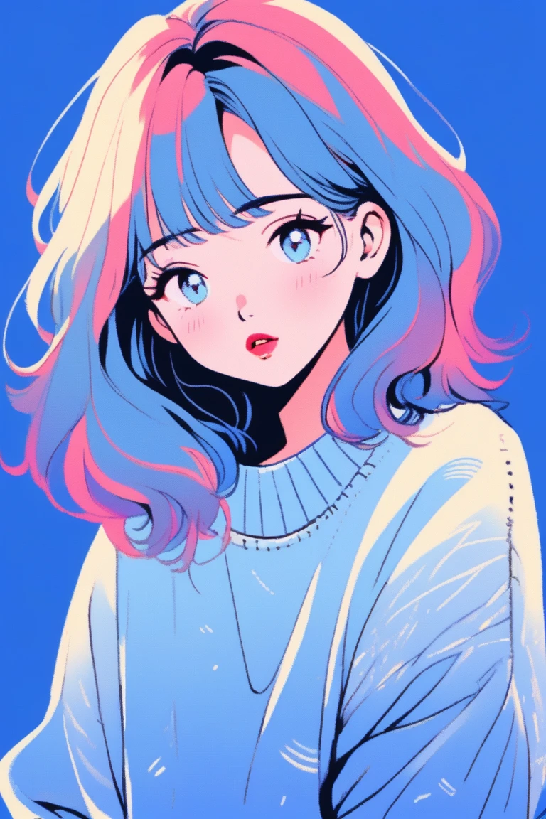 ilustrador, Japanese cartoons , Practical ,sketch , 1 Girl, ,lips, sweater,Order, Blue gradient background, Neon hair,Texture cropping, Canada, (masterpiece,best quality)