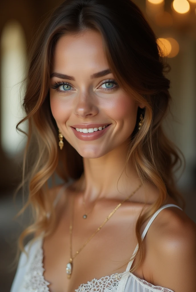 a highly detailed ultra hd image of a very beautiful model with shining lips and big blue eyes and smile very attractive. the makeup is very attractive and hairs are lovely. She beautiful as godness at Garden of  Eden, the background is blurry and Luxury Universe, masterpiece, excellent resolution.