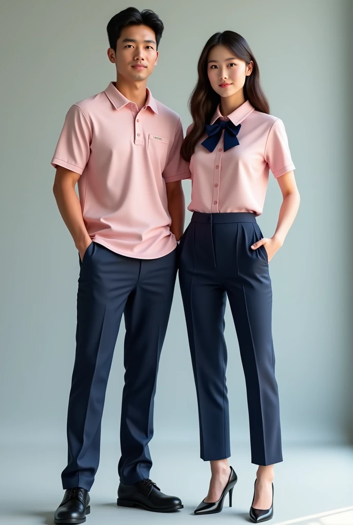 (photorealism:1.2) A male and female model wearing a school uniform for education college internship students where uniform should look like a they are professional teachers. The male model is wearing a light pink (with sewn design) button-down polo matched with dark blue trouser and black school shoes. The female model is wearing a tight fit uniform top (with sewn design) with a dark blue bow necktie inserted in a dark blue trouser with high heels. Their final look should look like they are professional teachers. 