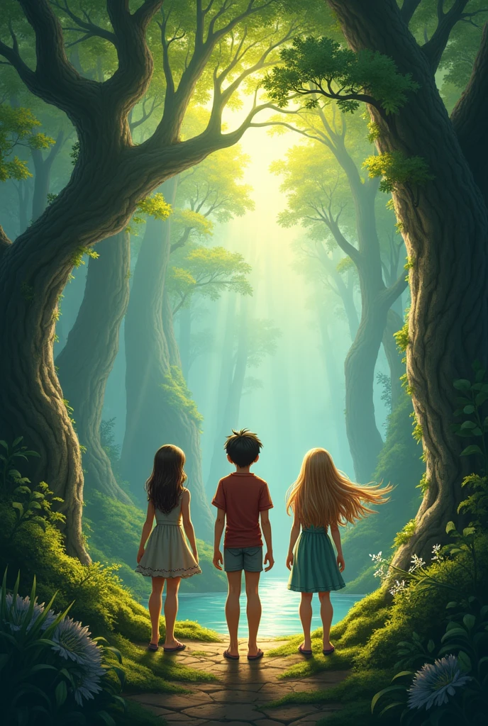 The Forest of Dreams In a corner of the world, surrounded by mysterious mountains and rivers that seemed to sing, The Forest of Dreams was located, a place shrouded in legends. It was said that this forest had the power to reveal the deepest secrets and that only those who passed its tests could understand its true meaning..
clara, Louis and Anna, three inseparable friends, They were determined to explore this magical forest, armed with their curiosity and courage, They went into the forest, Not knowing that each step brought them closer to a challenge that would change their lives and the lives of everyone in their community..
Make me two girls and a boy