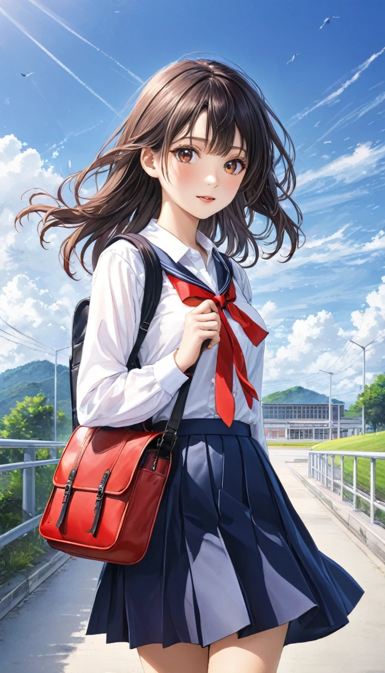 Photo quality、4K、woman,Dark blue high school uniform、whiteいシャツ、Red ribbon、Holding a black school bag、A4 size bag、With shoulder strap、通学Wind景、School、white,art,advertisement,Colored pencil drawing,draft 、Summer Girl、Wind