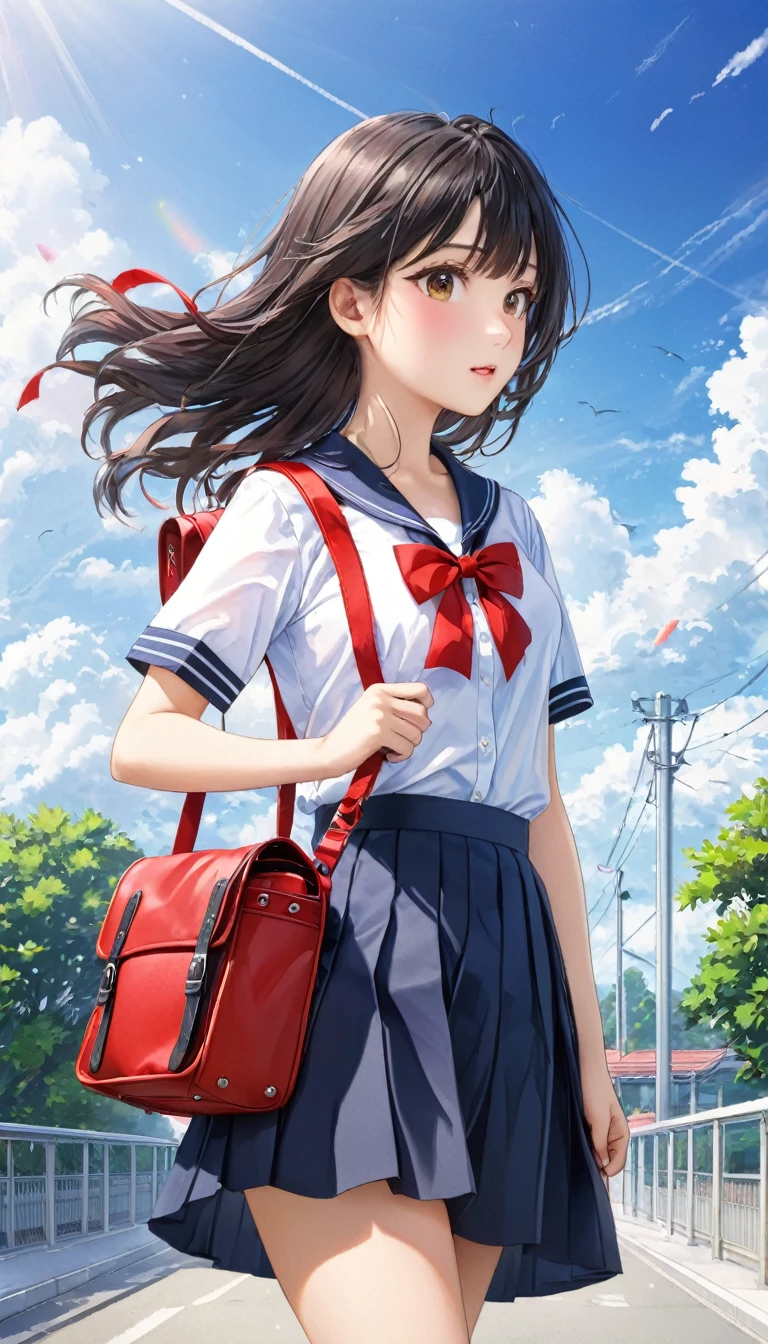 Photo quality、4K、woman,Dark blue high school uniform、whiteいシャツ、Red ribbon、Holding a black school bag、A4 size bag、With shoulder strap、通学Wind景、School、white,art,advertisement,Colored pencil drawing,draft 、Summer Girl、Wind