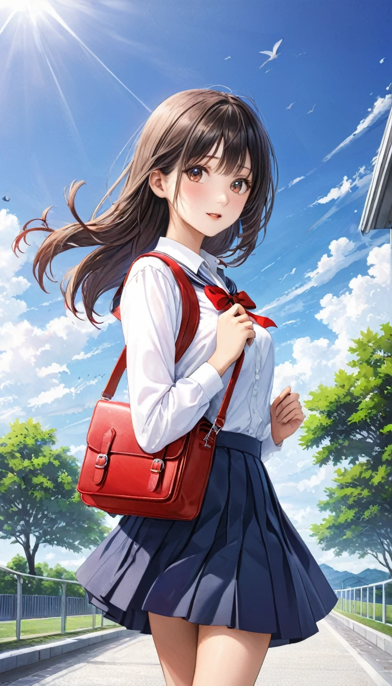Photo quality、4K、woman,Dark blue high school uniform、whiteいシャツ、Red ribbon、Holding a black school bag、A4 size bag、With shoulder strap、通学Wind景、School、white,art,advertisement,Colored pencil drawing,draft 、Summer Girl、Wind