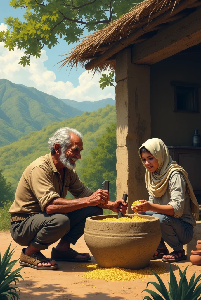 Recreate the following stanza in a realistic and contextualized way in Latin American country life:
A peasant, squatting, sharpens his axe and smiles at the girl who grinds corn on a grinding stone and makes tortillas on a stove.