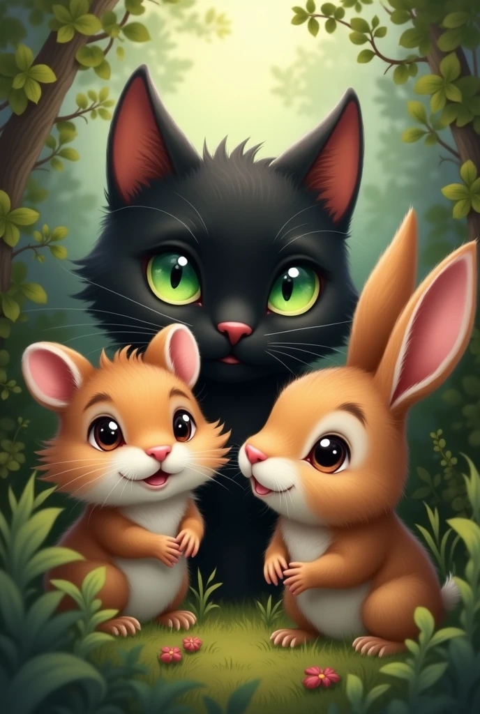 A drawing where there is a black cat with green eyes, A Russian hamster and a brown rabbit together where only their face and a paw can be seen