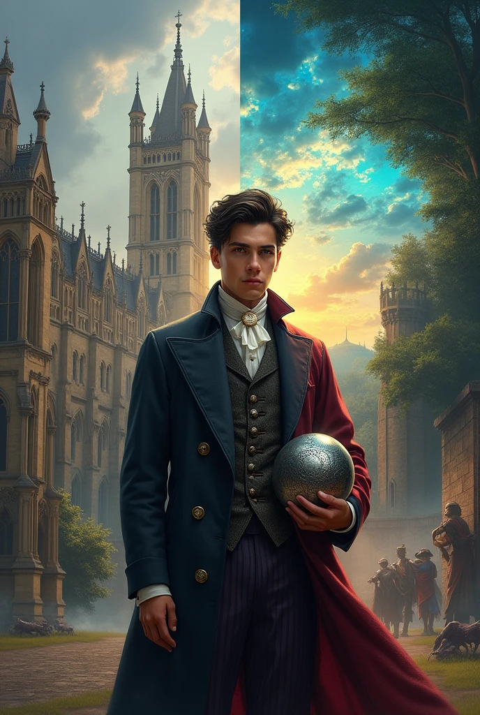 A split scene cover. On the left side, depict late 19th-century Great Britain, with an overcast sky above Cambridge University’s iconic Gothic architecture. A young man, Ethan Rivera, stands prominently in the foreground, dressed in a formal academic suit typical of the era, his expression determined yet contemplative. To his right, the scene transitions into a vibrant, medieval fantasy world, with mystical forests and towering, magical ruins under a sky of swirling colors. Ethan is seen again, now clad in a mix of 19th-century attire and medieval armor, holding a metallic spherical object (an Admin Core) that emits a faint, ethereal glow. Looking toward the difference world The background on this side features strange creatures and an ancient wall, symbolizing the barrier between the two worlds. The title, The Odyssey of 1896, is displayed prominently at the top in a stylized, elegant font that combines elements of Victorian and medieval design.