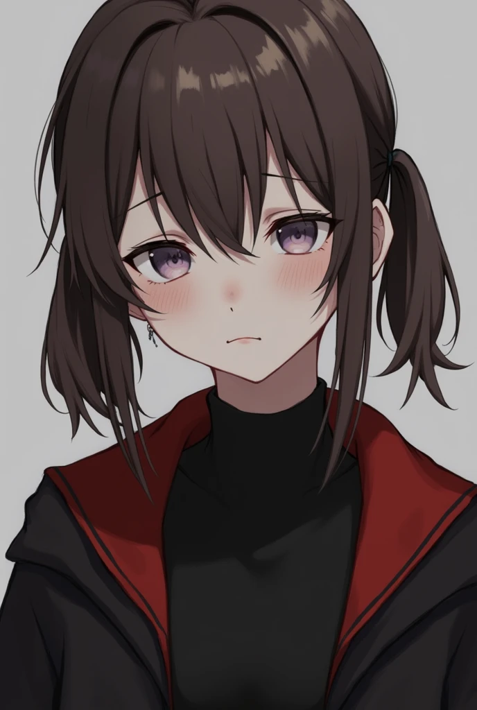 Pale-skinned girl with freckles, tired lilac-colored eyes and brown hair tied in two loose pigtails, messy bangs, wearing a black and red jacket and underneath a black bodysuit up to the neck, arte genshin impact