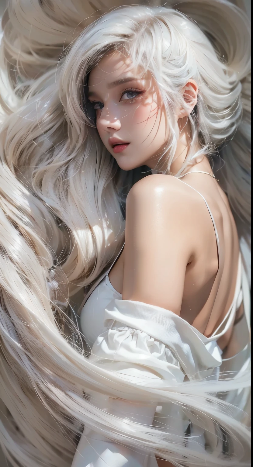 Full body portrait of a beautiful adult female model with short white hair, Wearing a white leather outfit, surreal, illustration, Art Station Trends, hard disk, 4K, 8k, Complex and detailed anatomy, character design, James Gurney and Tom Bagshaw
