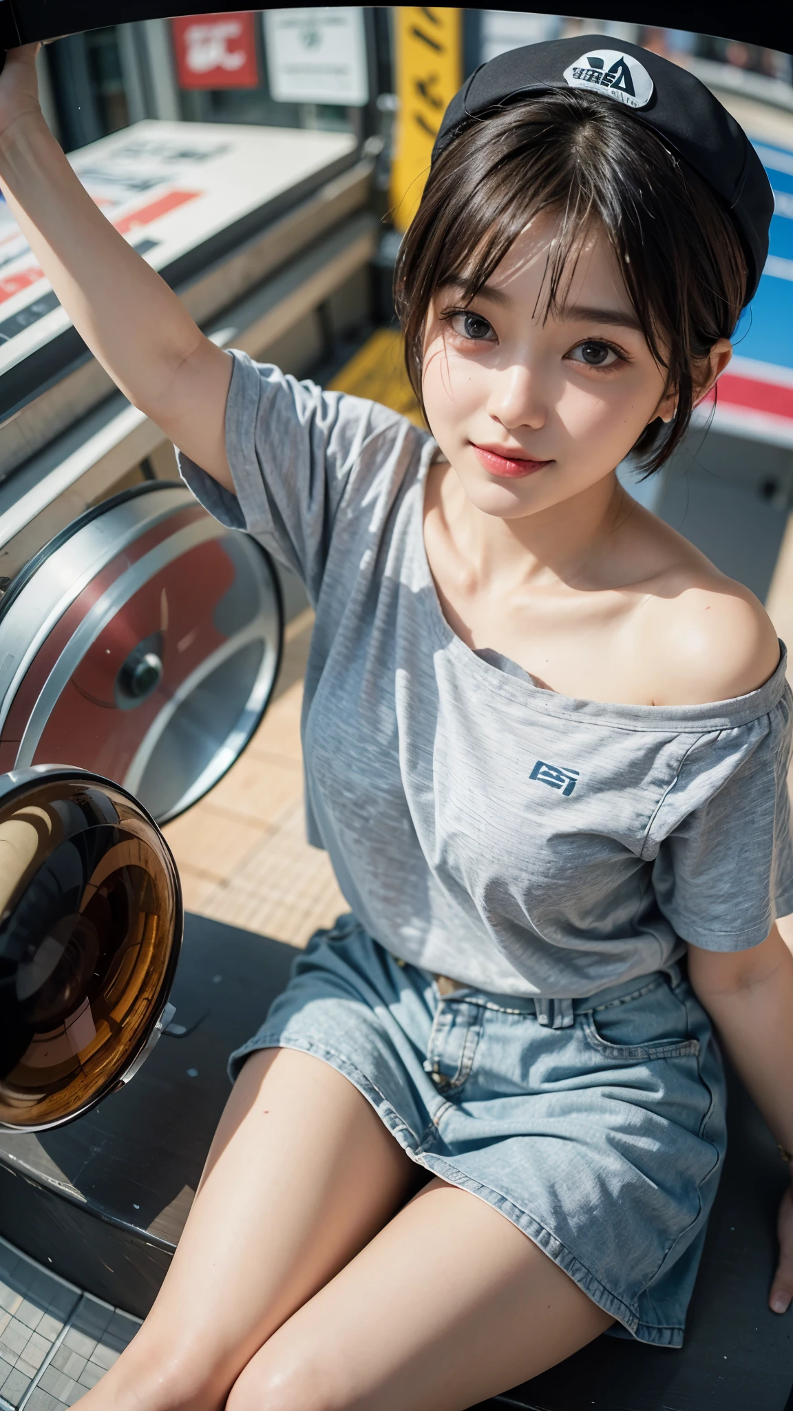 Highest quality, masterpiece, Ultra-high resolution,8k, (Realistic:1.6), (Close-up portrait:1.4) RAW Photos,((Omotesando Station))、 ((Off-the-shoulder baseball shirt,Pleated mini skirt)),((Nipples seem to be visible)),((Full body photo)),1 person,Omotesando,Two slim adult women,(Full of smiles, )) ,((Pixie cut and cap)),((New Era Cap)),((Looking up at the audience)),Face Focus:1.4,((Photographed from above with a fisheye lens:1.4)),