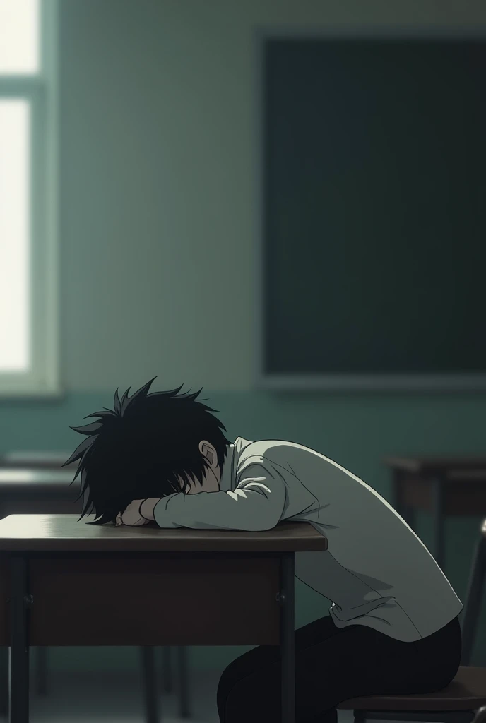 Boy alone in class sad black and white anime lying on table blurry from afar