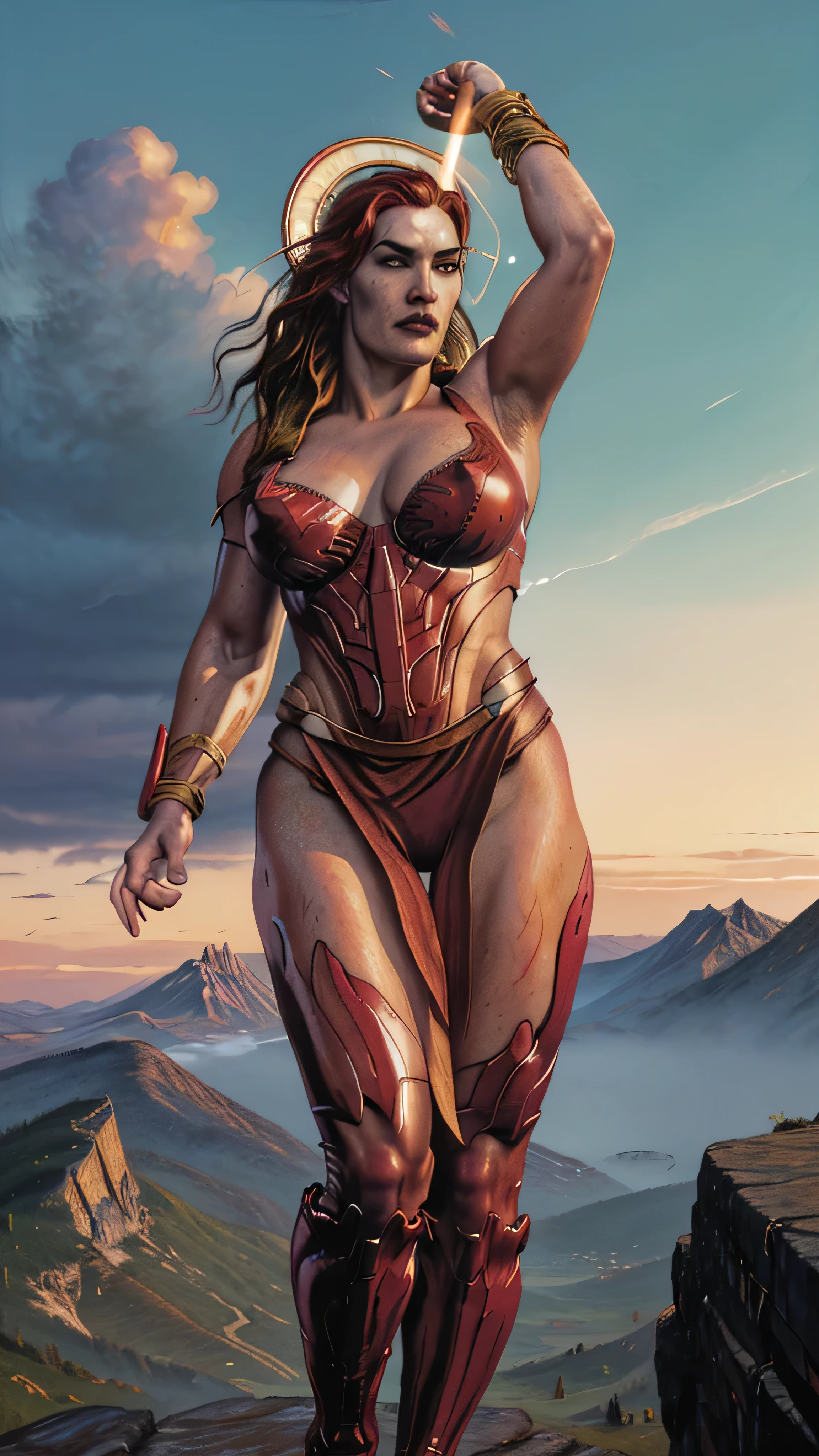 (Kate Winslet) as Cetrion from Mortal Kombat, black hair, white eyes, facial mark, fit body, ((red)) armor, red bracelet, red tiara, standing, floating object, mountains, cloudy sky, (insanely detailed, beautiful detailed face, masterpiece, best quality), cinematic lighting, 1woman, solo, full body view, front view, looking at viewer, intricate, high detail, sharp focus, dramatic, photorealistic painting art by greg rutkowski