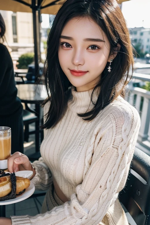 (Two pure Japanese,), (Small breasts:1.5,),(alone,,Textured skin, Detailed skin,Detailed face,Detailed eyes,detailed posing,Natural eyebrows,Sparkling eyes,Attention to detail, Highest quality, Very detailed, Surrealism, ,8k,RAW Photos,Photographicism,Professional Lighting,Ray Tracing,Portrait Photography,Soft Light),((Black Hair, Natural Makeup,Simple Earrings, Bob Hair,smile)),(((cable knit sweater,lunch,Cafe Terrace,Dutch Angle, )))