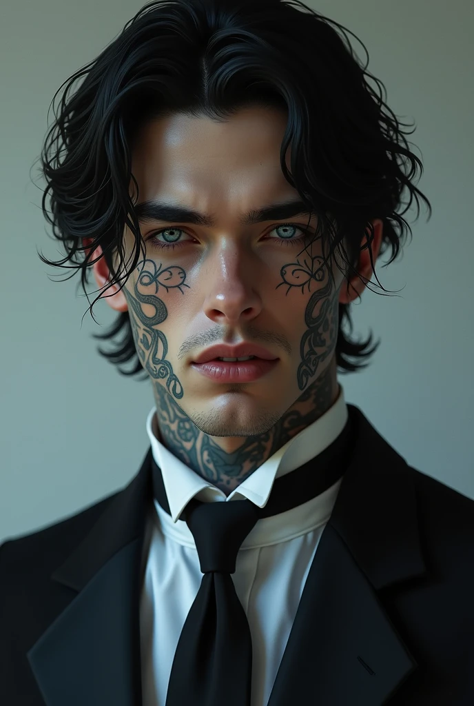 Man in his twenties, tattoo's, Bblack hair, blue colored eyes, formal, sultry gaze...