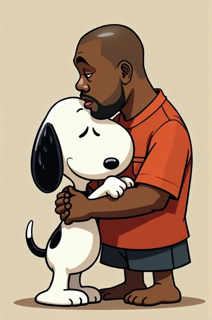 Can you generate a picture of Snoopy and Kanye West hugging? Kanye West needs to look human-like not cartoonish.