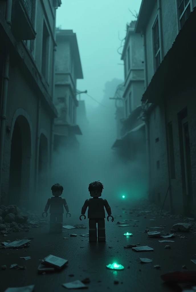 Darker Atmosphere: Reduce or eliminate any bright lights like the streetlights in the image. The environment should be darker, almost pitch black, with minimal lighting coming only from small, eerie sources, like a faint glow from the crystals you mentioned.
Heavy Smoke: Increase the amount of smoke to the point where visibility is almost zero. The smoke should be dark, with hints of blue and green, making it difficult to see the characters and the surroundings clearly.
Eerie Details: Add tiny, almost unnoticeable crystals and pieces of paper scattered on the ground, subtly glowing or reflecting light in a way that adds to the mysterious vibe without drawing too much attention.
Ruined Buildings: The buildings should be more decayed, with broken windows, collapsed walls, and an overall sense of abandonment. Avoid any clean or intact structures.
Roblox Aesthetic: Keep the Roblox character style, but make them more unsettling—perhaps with darker tones, rougher textures, and a more desperate posture. They should blend into the scene rather than stand out.
Subdued Colors: The overall color palette should be more muted, with dark blues, greens, and grays dominating the scene. Avoid any bright or cheerful colors.
Integration into Roblox Page: The image should blend seamlessly into the Roblox page, which means avoiding anything too flashy or out of place. The scene should be more subtle, with an emphasis on atmosphere over detail.