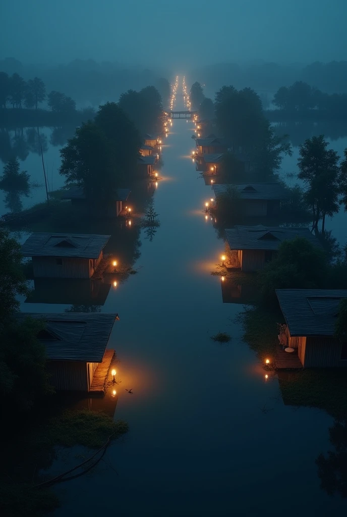 Flooded Bangladeshi nights where no light without the light of candle in every home drone shots