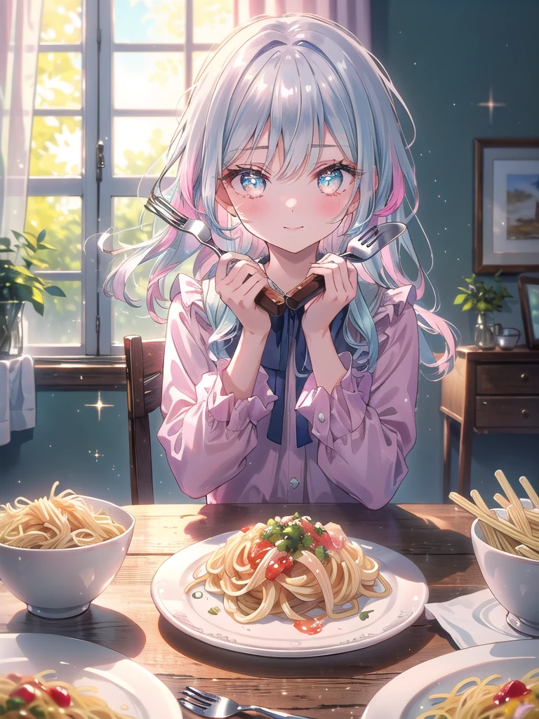 ((8k, Highest quality, masterpiece: 1.3)),Ultra-high resolution,(1 girl, alone), (Color changing eyes, Ultra-detailed, Expressive brilliance, Glitter, Glowing Eyes), Highly detailed eyes, Highly detailed face, Random Hair, ((pastel colour) The dining room is minimalistic, with a wooden table that has a slightly worn, homey feel. She sits alone, her posture relaxed, dressed in a pastel pink blouse and light blue jeans. A single serving of pasta is set before her on a simple white plate, accompanied by a small glass of water. The utensils are stainless steel, without any ornamentation. Her expression is soft and introspective as she twirls the pasta with her fork. She glances up at the camera with a tender, slightly shy smile, her eyes conveying a mix of affection and bashfulness, as if she’s sharing a quiet, intimate moment with her boyfriend.