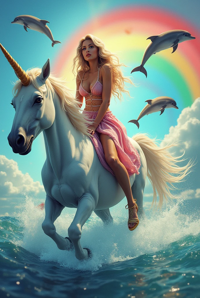 Shakira on a unicorn with dolphins in the background, flying fish, rainbow, very colorful 