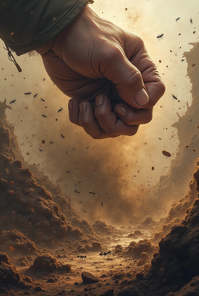 A powerful fist smashed vertically on the ruins of ant nests full of ants, some ants were blown away, some ants were fighting, the background was mud sputtering, dust flying, soul game style, picture composition golden ratio, reflecting the antagonism of hands and ants, fierce fighting, vertical composition, realistic style, 3D quality, dust and debris raised in the chaos, ((epic, film)) Fun of game illustrations,