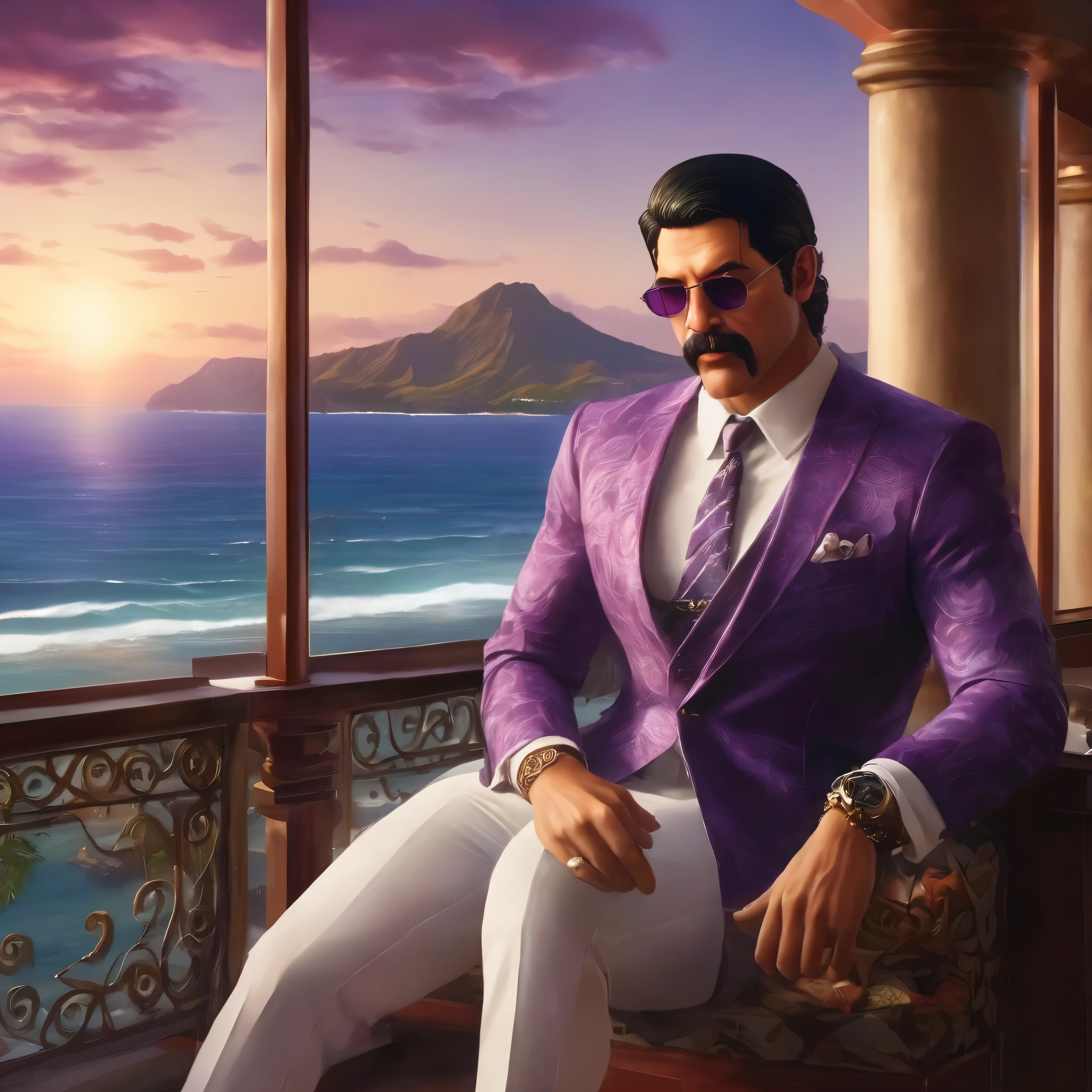 (obra maestra, Mejor calidad:1.2), 1 chico, thenahualli, serious, dangerous man, elegant, elegante, white suit, purple shirt, sit, luxury restaurant, views of the sea in background, big windows, (((indoor))), Hawaii, (((realistic, detailed, photorealistic)))
