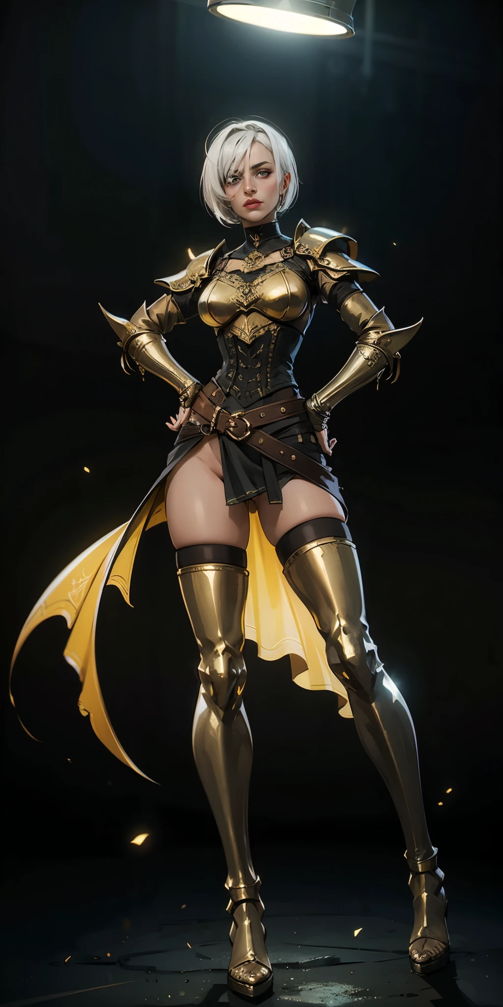 (black background) paladin lady in ornate golden armor, pauldrons, breastplate, corset, glowing halo, short hair, bob hair style, white silver hair, yellow glowing eyes, bright pupils, eye focus, red cape, particles, light beam, chromatic aberration, full body, whole body 1solo (girl) loincloth standing, hands on hips, metal sandals, leather black choker, big belt, view from below, feet together, bracers, tiara