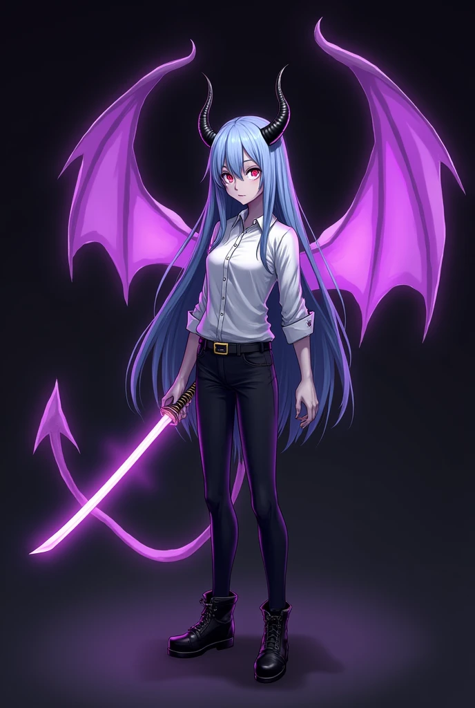 More mature anime style image. An image with a black background and some purple details. a teenage girl, with long light blue hair and red eyes that gave off a kind of frightening glow, wore a white dress shirt rolled up to her elbows, a black pants and a black boot. Small black horns came out of her hair, his gray skin in a serious expression, his face no longer looked human, I now remembered exactly what it was: A demon. He used a katana that emanated a dark purple glow around the blade and over himself., all over your body. There was a strange glow behind him that gave the shape of purple wings and armor around his body..
