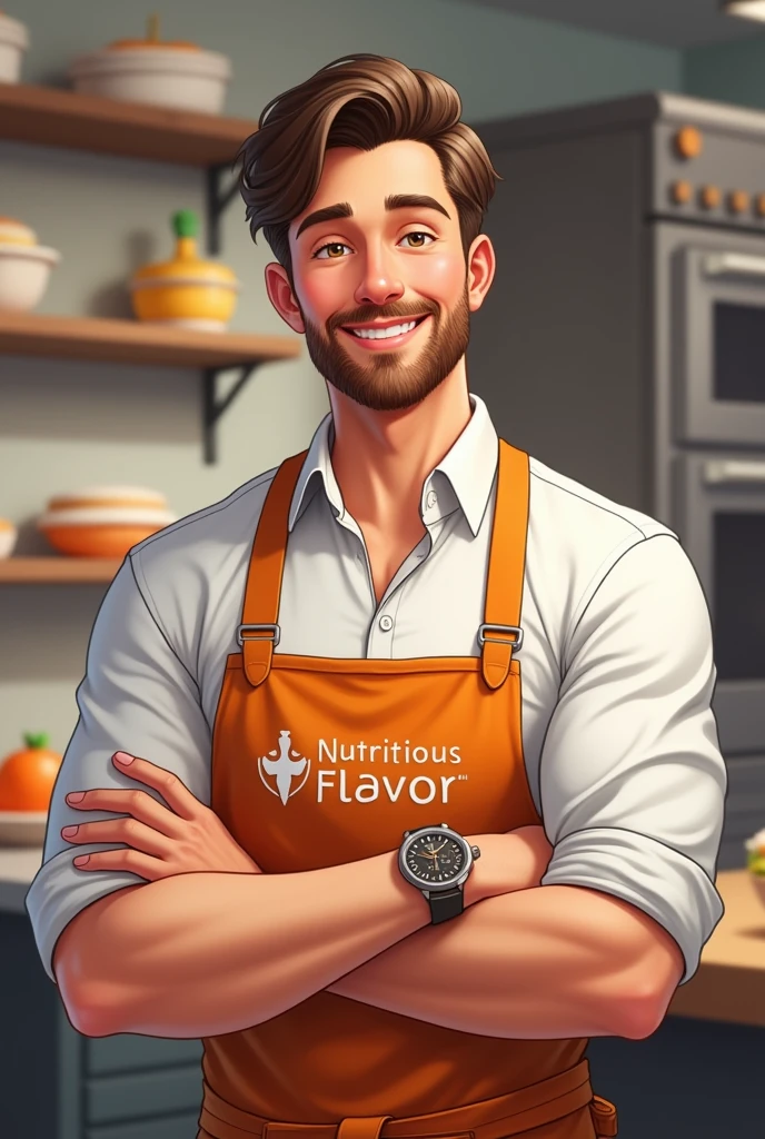 I understand, You want the character to convey the theme of carrot cake without actually making it directly.. Here is a precise description:
Description of the entrepreneurial character:
Group Name: Nutritious Flavor
Género: Male Physical characteristics:
hair: dark brown, short and modern.
face: Friendly and confident, with a light beard that brings maturity.
eyes: Bright and attentive, reflecting determination and empathy.
CLOTHES:
He is wearing a white shirt with a kitchen apron over it.. The apron has the logo of "Nutritious Flavor" in the pocket.
The apron and shirt have subtle details in shades of orange., evoking carrot cake without being directly related to the making of the cake.
Complement with dark jeans and sturdy kitchen shoes..
He wears an elegant watch on his left wrist..
Context:
Activity: The character is in a professional kitchen, but he's not making the cake. Instead of that, is reviewing a recipe in a notebook or monitoring the environment, showing his role as leader and protector.
Environment: The kitchen is well equipped and organized., suggesting an efficient and high-quality work environment. There are subtle carrot elements in the design, such as small decorative details in the background or utensils in shades of orange, to connect with the theme of the cake without the character directly making it.
Image transmission:
protection: The character must convey confidence and security. His upright posture and expression reflect determination and kindness., suggesting that he is someone but handsome anime delicate warm