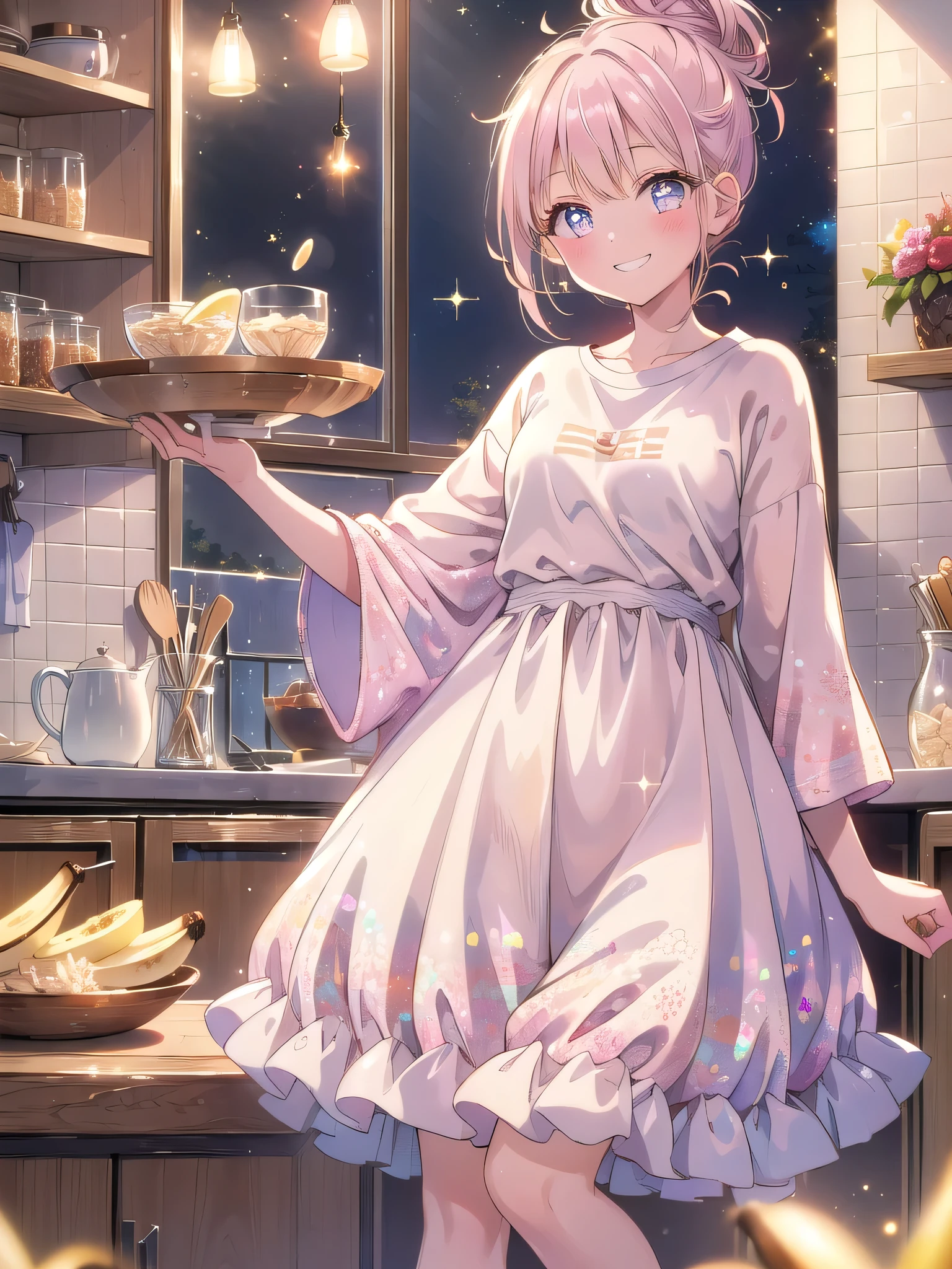 ((8k, Highest quality, masterpiece: 1.3)),Ultra-high resolution,(1 girl, alone), (Color changing eyes, Ultra-detailed, Expressive brilliance, Glitter, Glowing Eyes), Highly detailed eyes, Highly detailed face, Random Hair, ((pastel colour) In the small kitchen, she stands by the counter, where a single plain ceramic bowl of oatmeal topped with a few slices of banana sits. The counter is clean, with just a small glass of water beside the bowl. She’s wearing a loose, comfortable T-shirt and pajama shorts, her hair in a messy bun. She glances at the camera with a playful, mischievous grin, her eyes sparkling as she lifts a spoonful of oatmeal towards her mouth. Her expression is full of light-hearted joy, her smile wide and infectious, as if she’s about to share a funny thought or memory with her boyfriend.