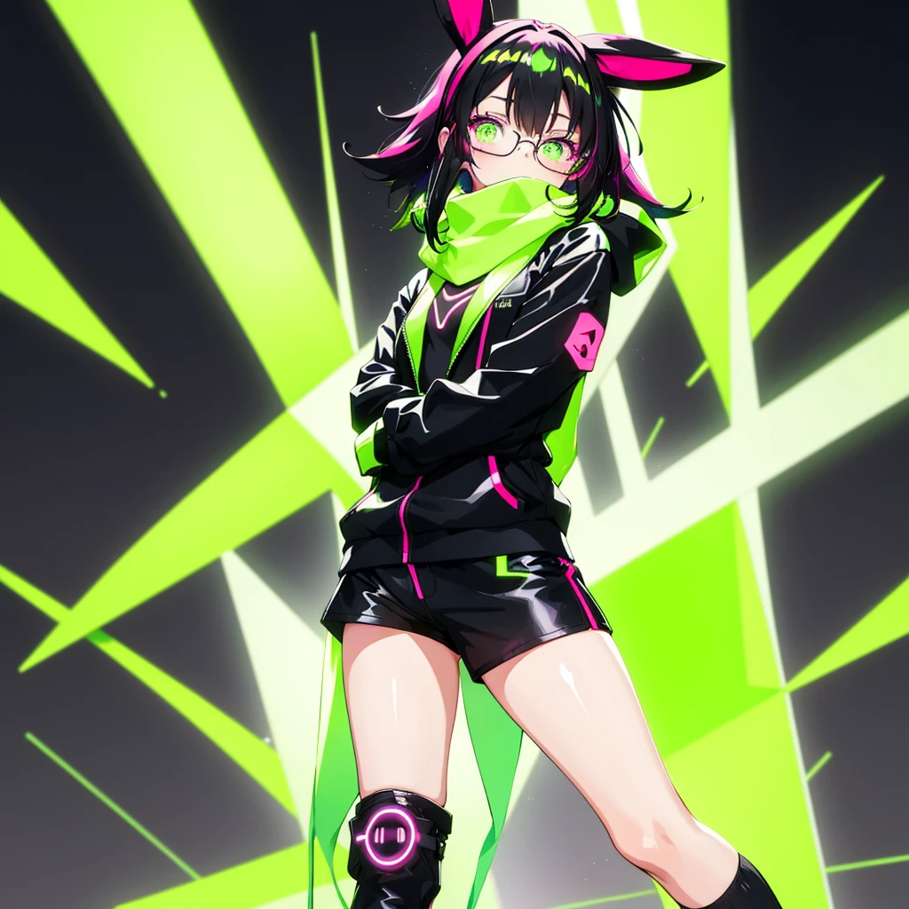 1girl,Short,kind,soft,innocent,anthropomorphic female bunny,wears glasses,an oversized black hoodie with a neon green design and black shorts, black socks and shoes,and a neon pink scarf,shy and nerdy, long black hair with neon green highlights, green eyes,High Resolution, Anatomically Correct, Best Quality, large breasts