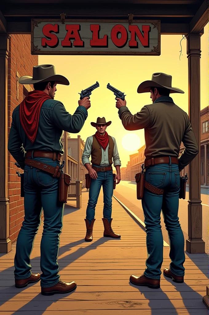 Hyperrealistic color comic 1950s three outlaw cowboys on the porch of a saloon shooting pistols at the sheriff