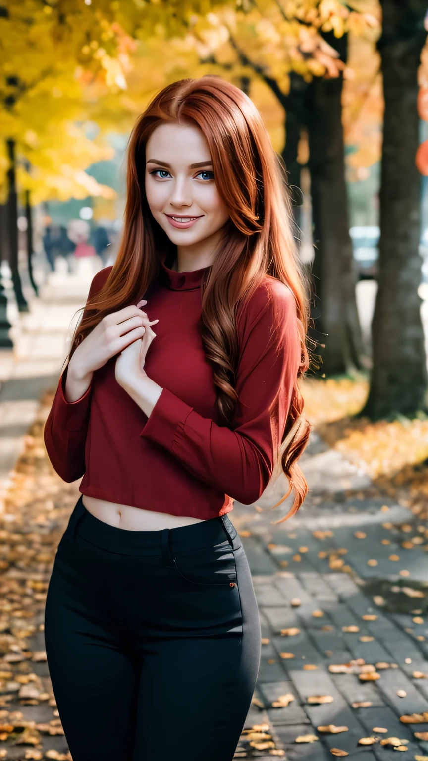 Realistic full body photo of a smiling, Young red-haired girl with long hair, She dances in front of the camera in a long-sleeved blue cotton shirt and tight black pants, Park,glamour fotoshooting, Park, perfect anatomy, perfect green eyes. Perfect hands with 5 fingers on each hand, Matching girl, looking at the camera, 1 Frau. (Eye make up:1.1), (highly detailed skin:1.1), spirit, analog style, keen focus, 8K UHD, dslr, good quality, Fujifilm XT3, Grain, Award-winning, masterpiece. Park