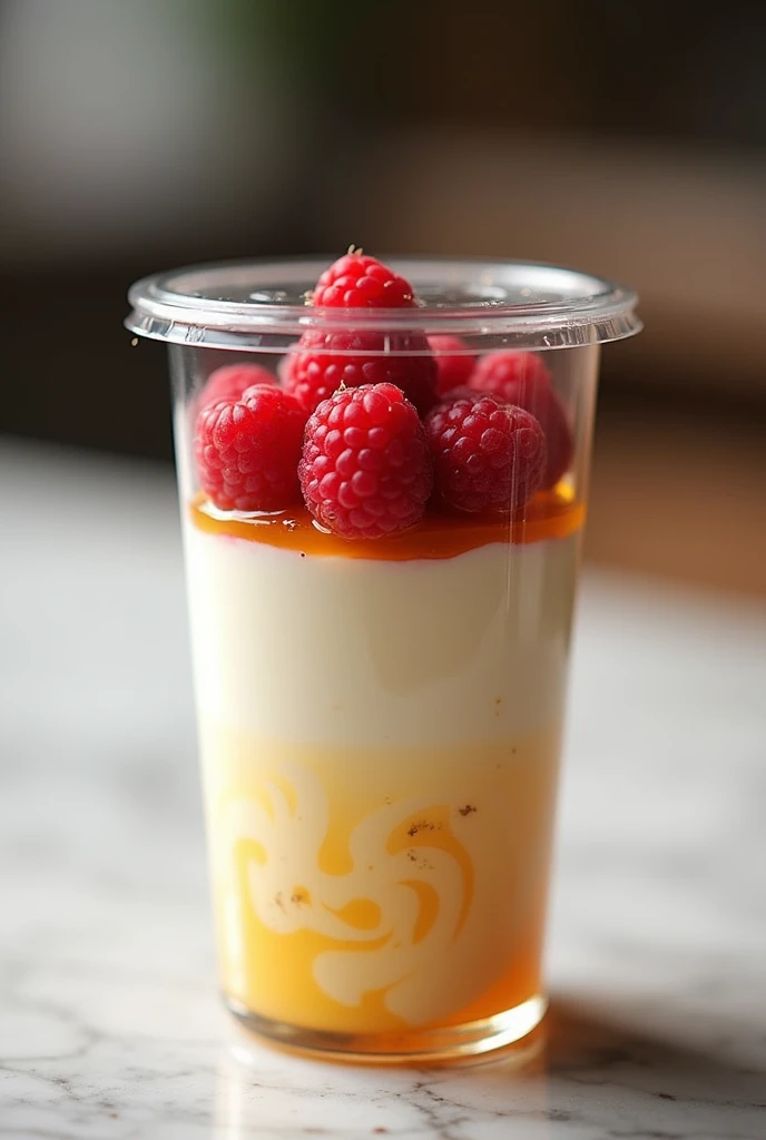 500g pure white panna cotta base with a single thin layer of honey on top, topped with 10 raspberries in a cylindrical plastic cup enclosed with a lid