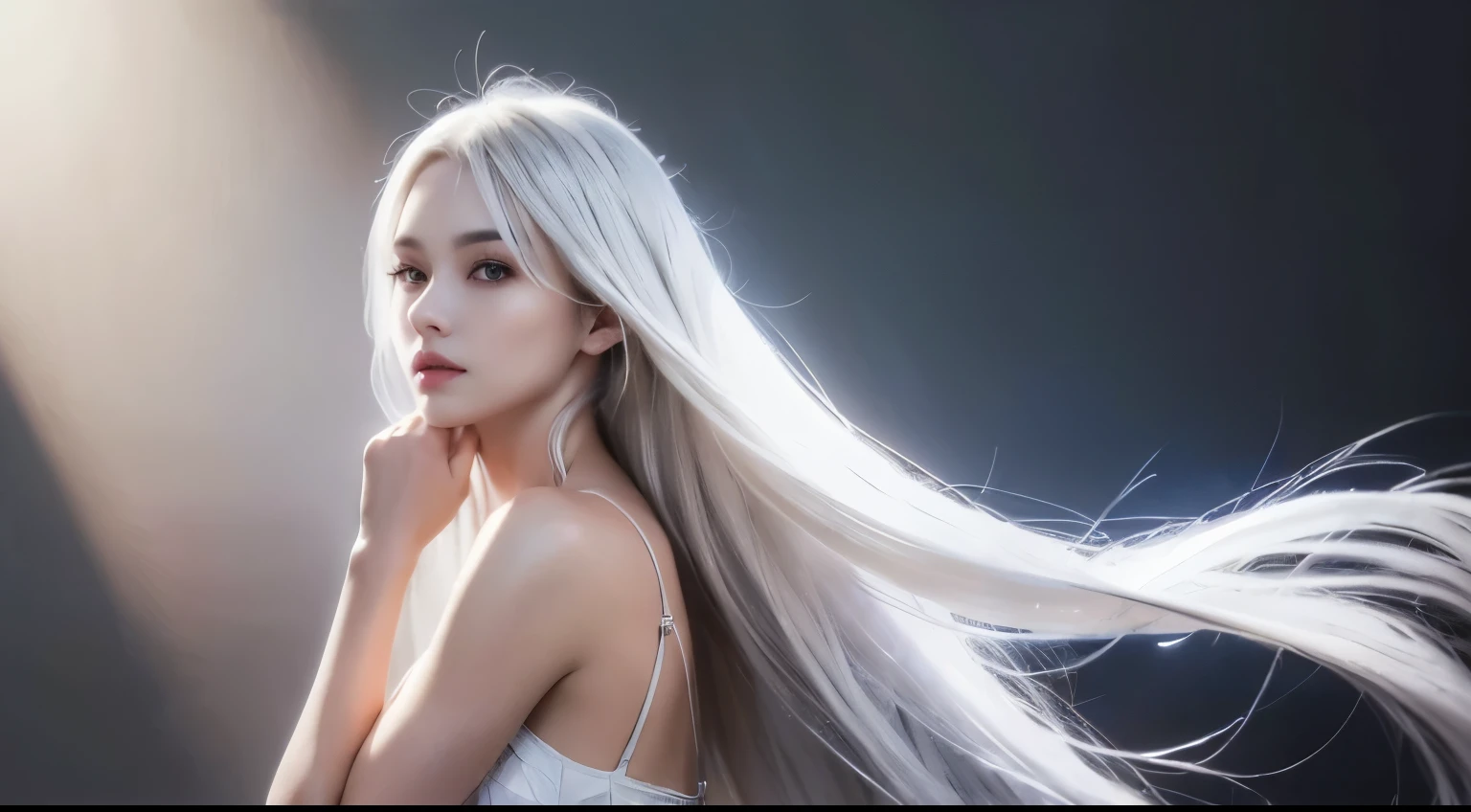 ((gray hair)), ((silver hair)), long hair, Wear a dress, sleeveless, beautiful, girl, 1, beauty, half body portrait, 1, slim, extremely beautiful face, exquisite face