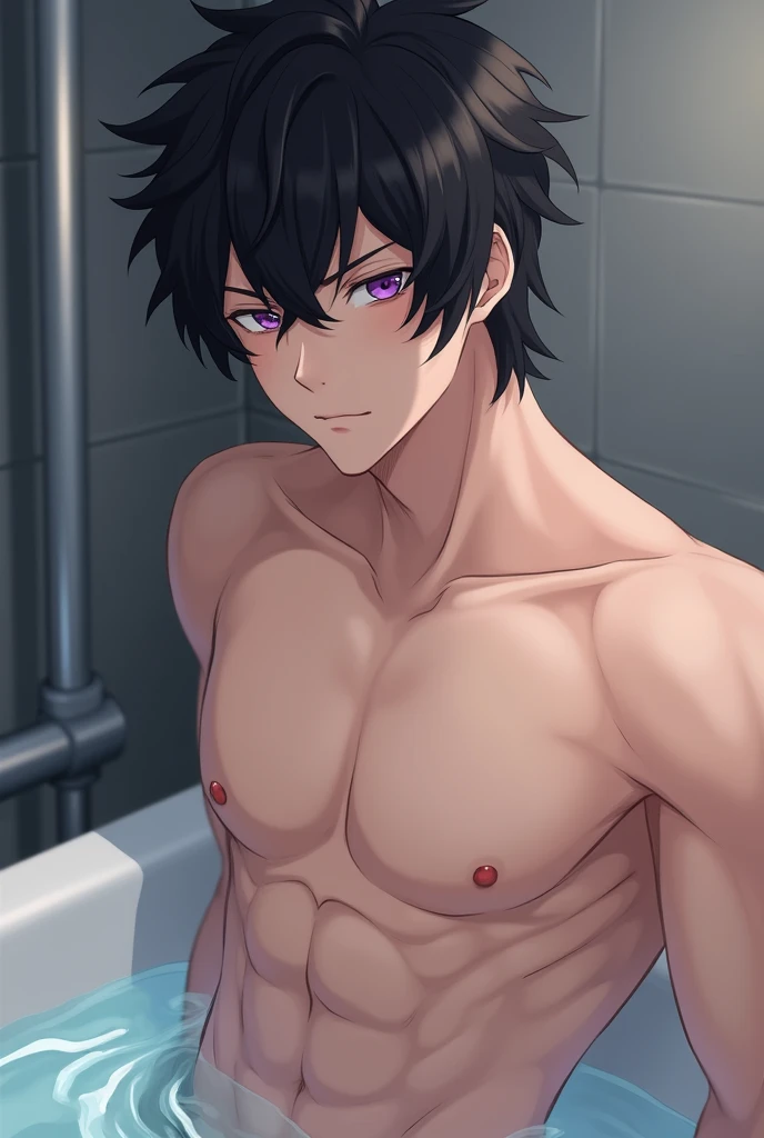 Screenshot of boku no hero academia 1 boy naked anime man shirtless white skin handsome black hair with wavy purple and purple eyes sexy pose bathing naked full body bot