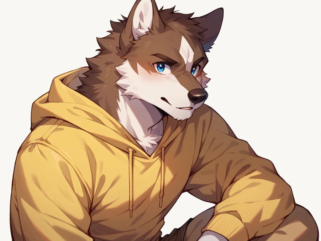 score_9, score_8_up, score_7_up, high quality, hires, anthro, male, husky, brown fur, brown ears, mostly white fur, blue eyes, yellow hoodie, brown shorts, white background,