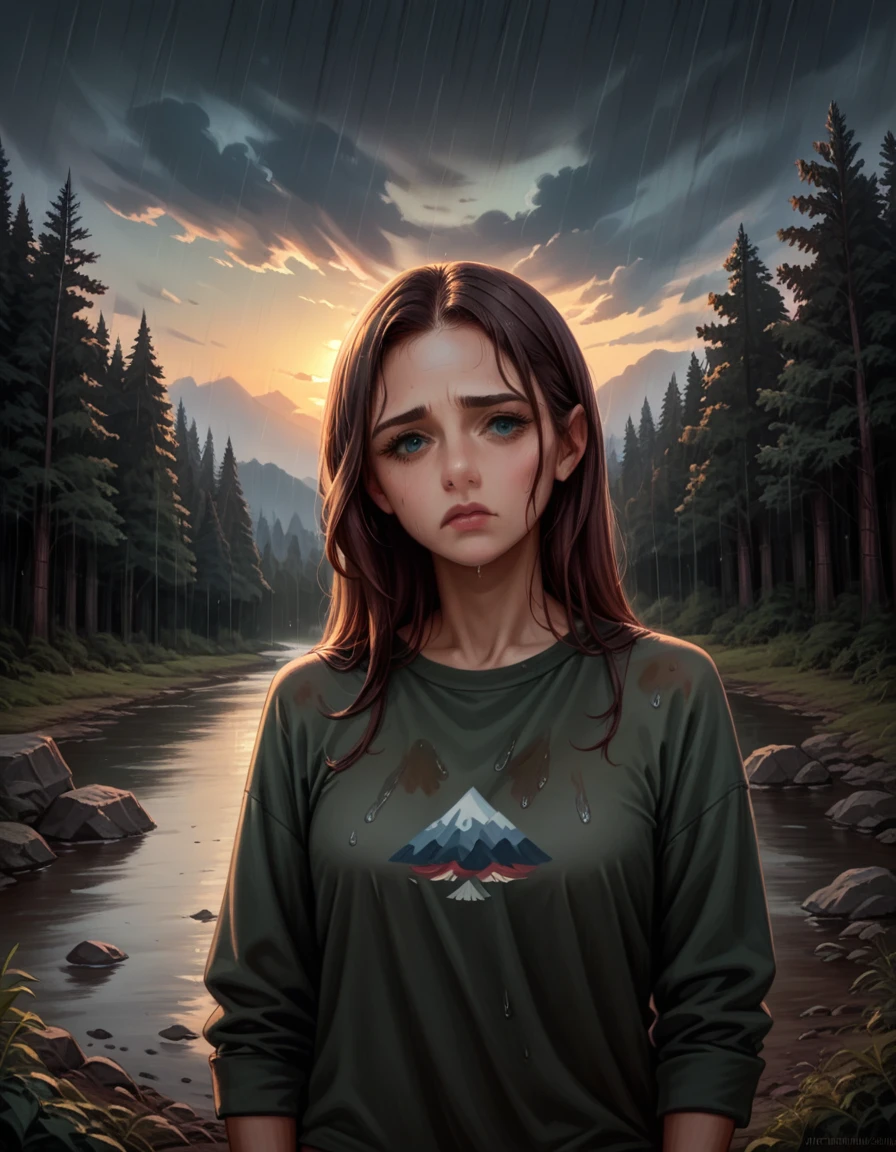 (1 girl) (masterpiece, best quality) ((the cutest camp councilor is sad she wont see you until next year)) , ,  , (stormy dark sky, sunset, raining) (beautiful forest background)
((Melancholy emotions:1.4)), ((realistic oil painting)) art by norman Rockwell,