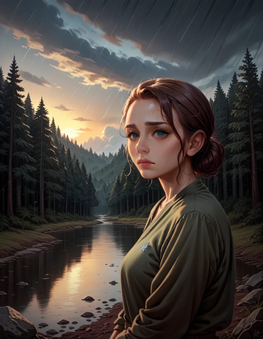 (1 girl) (masterpiece, best quality) ((the cutest camp councilor is sad she wont see you until next year)) , ,  , (stormy dark sky, sunset, raining) (beautiful forest background)
((Melancholy emotions:1.4)), ((realistic oil painting)) art by norman Rockwell,