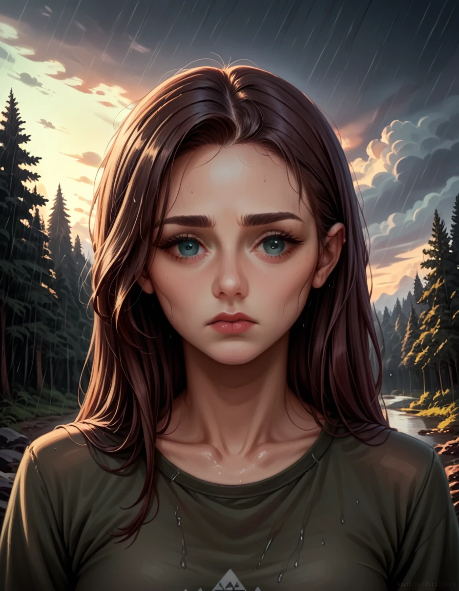 (1 girl) (masterpiece, best quality) ((the cutest camp councilor is sad she wont see you until next year)) , , , (stormy dark sky, sunset, raining) (beautiful forest background)
((Melancholy emotions:1.4)), ((realistic oil painting)) art by norman Rockwell, ((non sexual huge breasts))