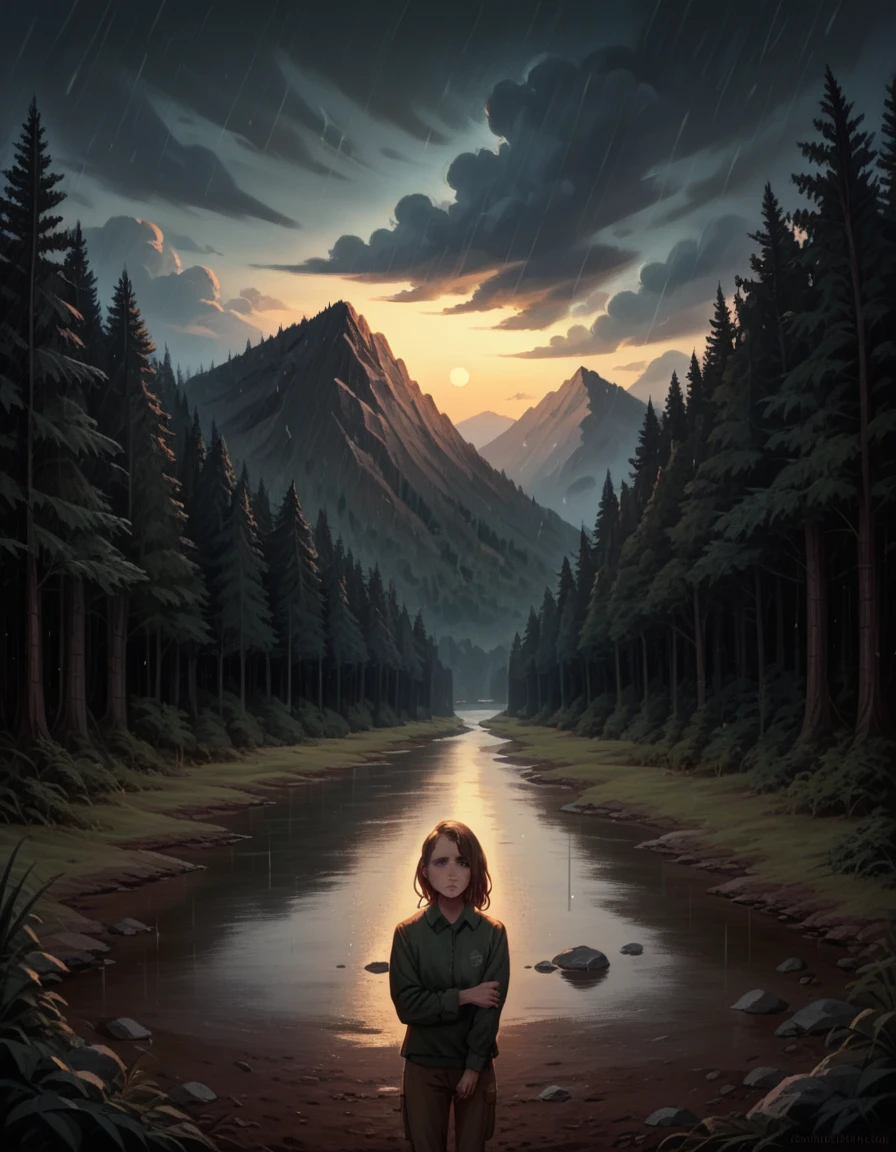 (1 girl) (masterpiece, best quality) ((the cutest camp councilor is sad she wont see you until next year)) , ,  , (stormy dark sky, sunset, raining) (beautiful forest background)
((Melancholy emotions:1.4)), ((realistic oil painting)) art by norman Rockwell,