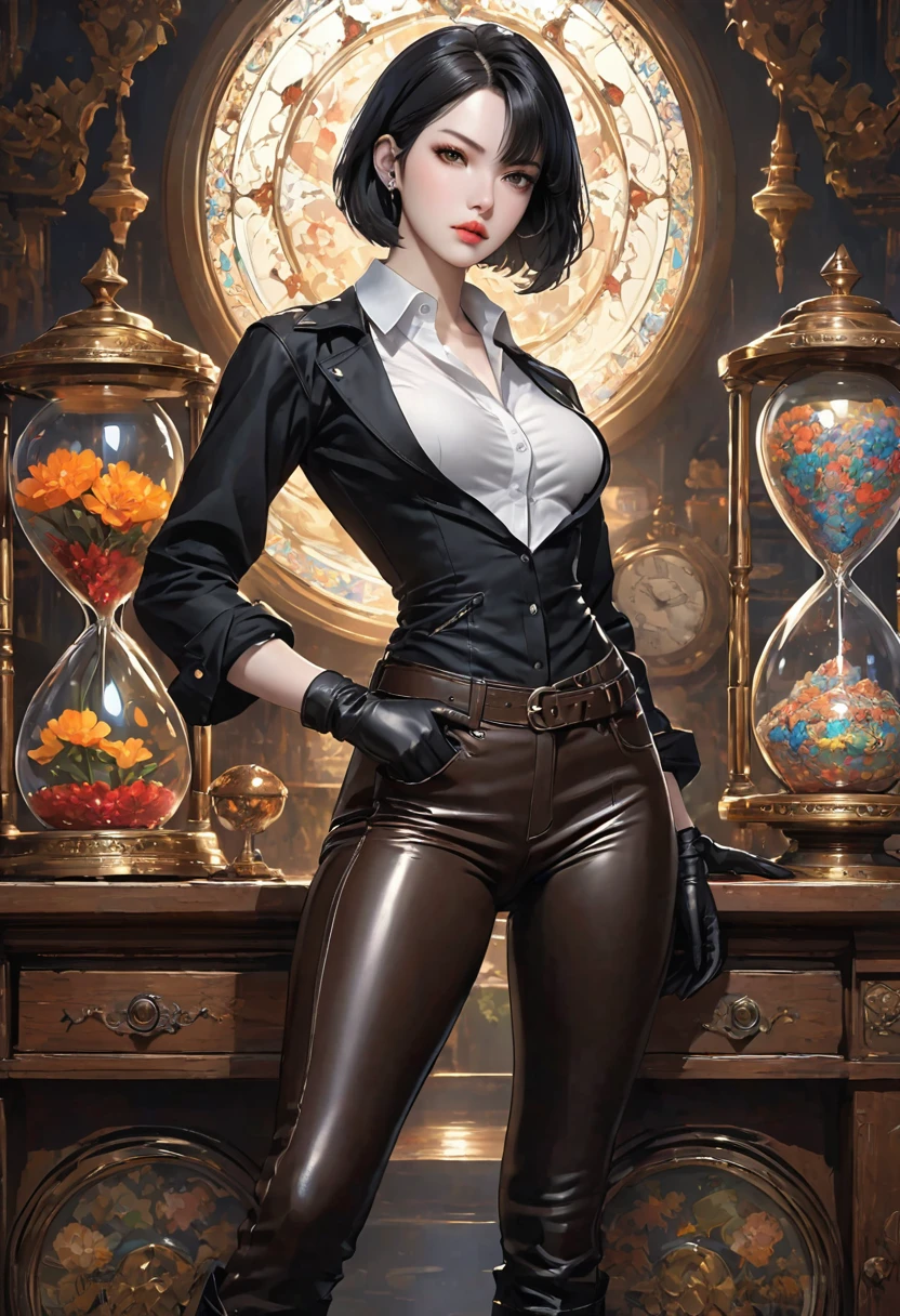 ((best quality)), ((artwork)), ((extremely detailed face)), ((perfect lighting)), ((extremely detailed CG)), ((perfect hands, perfect anatomy)) [Appearance= 20 y.o; 5'8” tall; short, straight, black bob hair; brown eyes, pale skin, plump lips, slightly muscular, diamond face, hourglass body, dark painted nails
Personality= ISTP, femme fatale
Reputation= great professional
Occupation= assassin
Clothing= leather pants, boots, gloves, collared shirt]