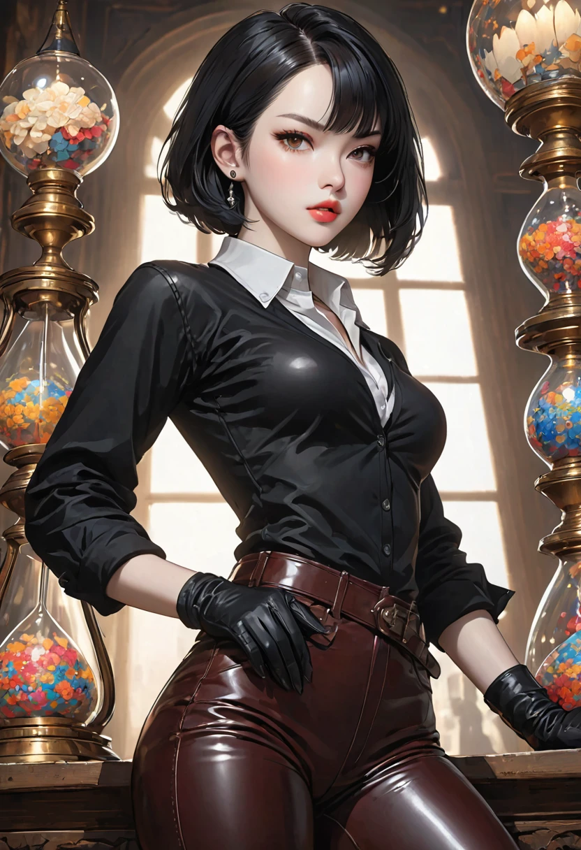 ((best quality)), ((artwork)), ((extremely detailed face)), ((perfect lighting)), ((extremely detailed CG)), ((perfect hands, perfect anatomy)) [Appearance= 20 y.o; 5'8” tall; short, straight, black bob hair; brown eyes, pale skin, plump lips, slightly muscular, diamond face, hourglass body, dark painted nails
Personality= ISTP, femme fatale
Reputation= great professional
Occupation= assassin
Clothing= leather pants, boots, gloves, collared shirt]