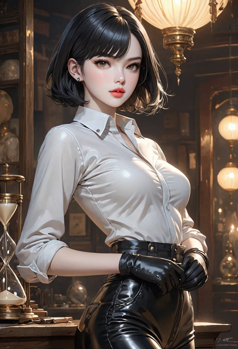 ((best quality)), ((artwork)), ((extremely detailed face)), ((perfect lighting)), ((extremely detailed CG)), ((perfect hands, perfect anatomy)) [Appearance= 20 y.o; 5'8” tall; short, straight, black bob hair; brown eyes, pale skin, plump lips, slightly muscular, diamond face, hourglass body, dark painted nails
Personality= ISTP, femme fatale
Reputation= great professional
Occupation= assassin
Clothing= leather pants, boots, gloves, collared shirt]
