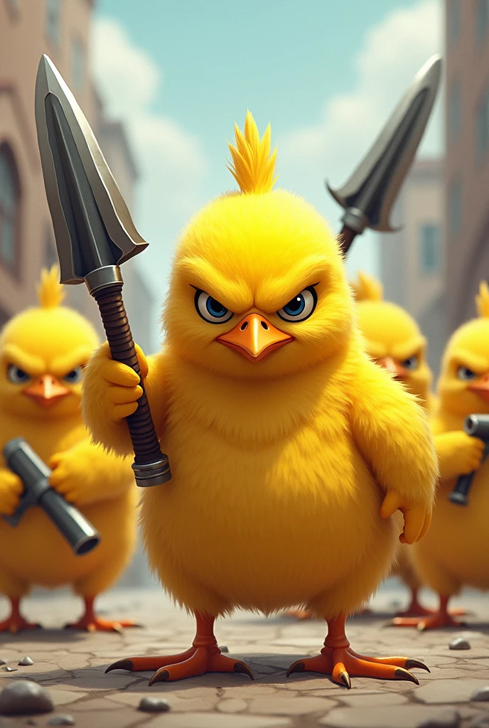 5 chickens with weapons like that, really bad guys, that you are yellow chicks and that the weapons look good, that the 5 chicks look good