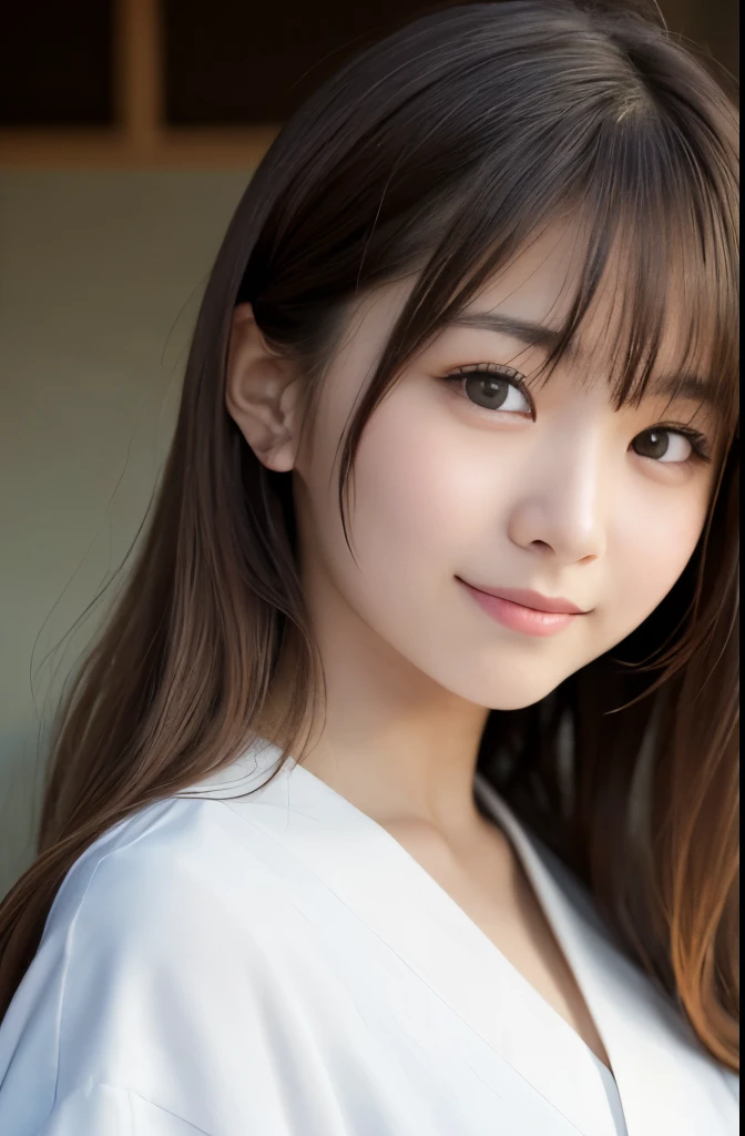 best quality, face focus, soft light, ultra high res, (photorealistic:1.4), RAW photo,(Shinozaki Ai), (fair skin), (kawaii),
1 Japanese girl, solo, cute, smile, (pupil, lights in the eyes),  detailed beautiful face, Medium-sized breasts,(high resolution detail of human skin texture),(long hair),(portrait), upper body, white traditional kimono, A face drawn large on the screen