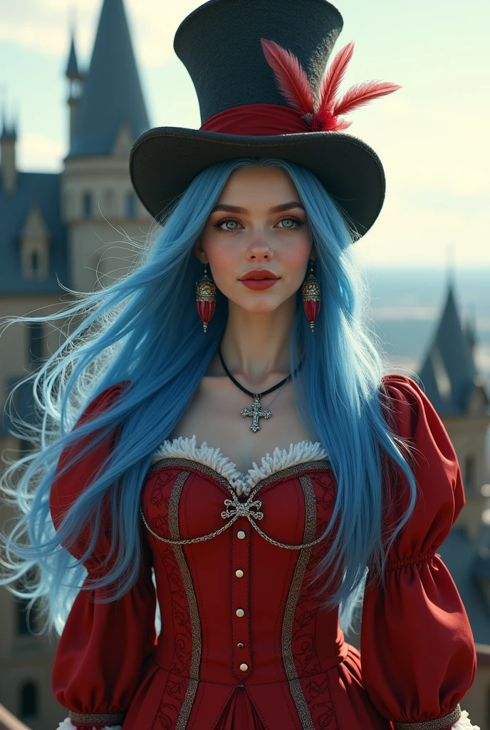 ((Masterpiece, Best Quality, Highest Image Quality, High Resolution, Photorealism, RAW Photos, 8k)), A beautiful woman, 20 years old female, pale skin, fine feature, soft feature, young face, oval face, lightly smile, straight long hair, blue haired, hair flying in the wind, show forehead, silver cross necklace, long feather earrings, red circus dress, Medieval style, circus collar, Mad Hatter's hat. Outdoors, daytime, sunlight, on castle rooftop, gothic architecture, Christmas.