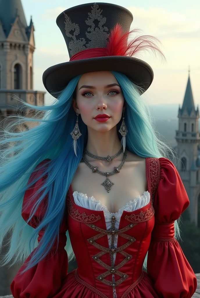 ((Masterpiece, Best Quality, Highest Image Quality, High Resolution, Photorealism, RAW Photos, 8k)), A beautiful woman, 20 years old female, pale skin, fine feature, soft feature, young face, oval face, lightly smile, straight long hair, blue haired, hair flying in the wind, show forehead, silver cross necklace, long feather earrings, red circus dress, Medieval style, circus collar, Mad Hatter's hat. Outdoors, daytime, sunlight, on castle rooftop, gothic architecture, Christmas.